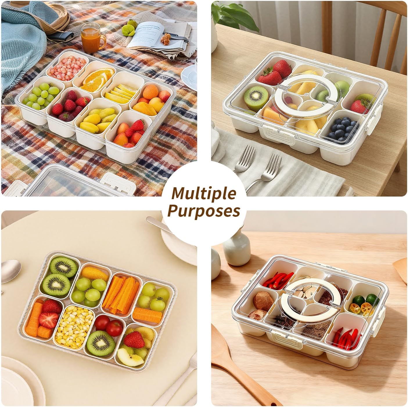Snackle Box Container,Portable Snack Box 8 Compartment Divided Serving Tray with Lid and Handle,Clear Storage Organizer for Fruit Candy Nuts -Perfect for Road Travel Party（1 Pack）