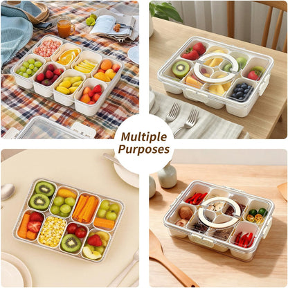 Snackle Box Container,Portable Snack Box 8 Compartment Divided Serving Tray with Lid and Handle,Clear Storage Organizer for Fruit Candy Nuts -Perfect for Road Travel Party（1 Pack）