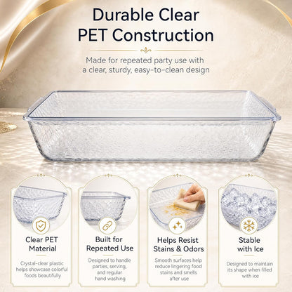 2 Pack Chilled Serving Tray with Ice Chamber, Clear PET Appetizer Platter Set with Stainless Steel Tongs, Fruit Forks & Ice Scoop, Cold Food Tray for Seafood, Fruit, BBQ & Pool Parties