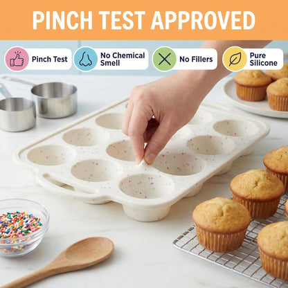 2-Pack Silicone Muffin Pan Set – Regular 12 Cup & Mini 24-Cup Silicone Muffin Pans for Baking – Nonstick Silicone Cupcake Pan with Metal-Reinforced Handles – BPA-Free, Dishwasher-Safe, Cream