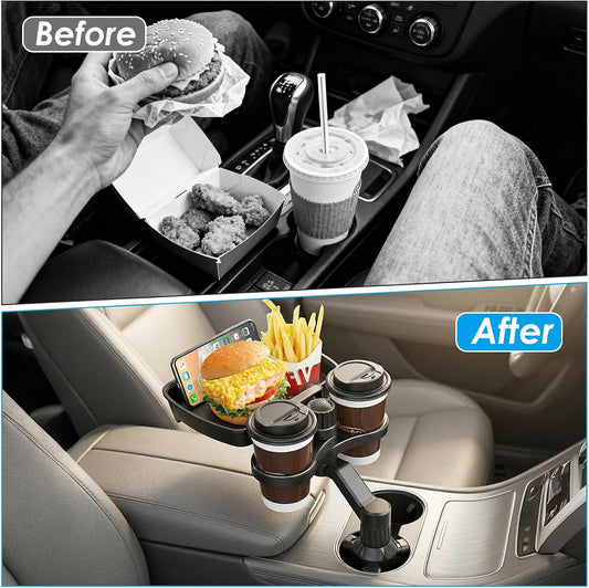 Biupky Car Cup Holder Expander, 4-in-1 Universal Cup Holder Tray Compatible with 2.6" to 3.94", Multi Cup Holders Table with Large Food Tray Phone Mount, for Travel Auto Trucker Road Trip Essentials