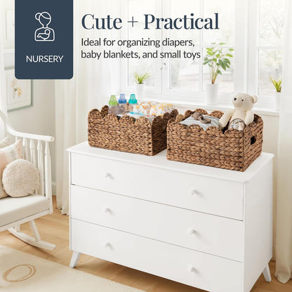 Best Choice Products 9x12 Scalloped Shelf Baskets, Woven Storage Bins, Storage Organizers for Pantry, Living Room, Bedroom, Nursery & Laundry, 4 Pack - Natural with White Trim