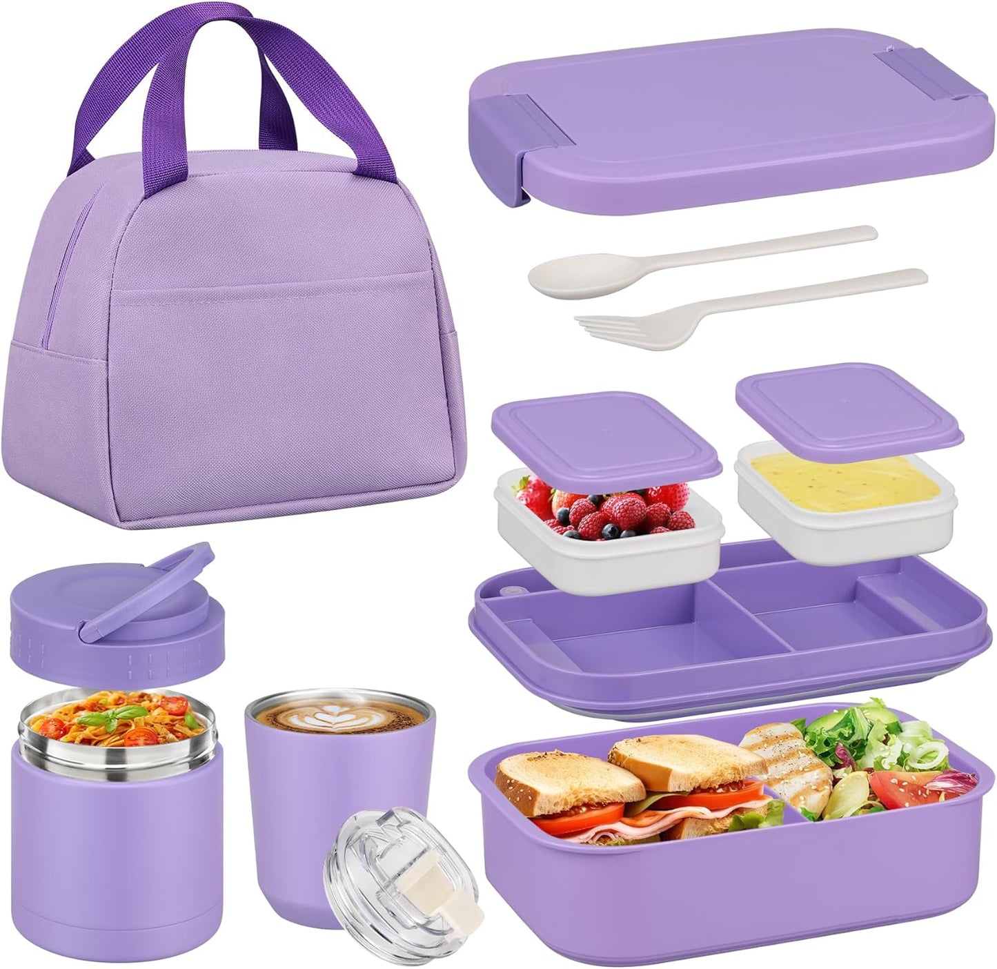 Bento Lunch Box Set with 10.5oz Soup Thermo Food Jar for Adults Kids, Stainless Steel Leak-proof Lunch Container with 4 Compartment, Coffee Tumbler with Lunch Bag for School Travel Office-Grey
