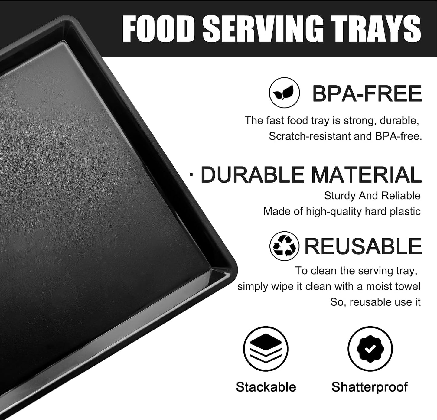 Plastic Food Serving Trays 14.7"x10.7" (2-Pack) - Black - Reusable Serving Platters for Christmas Party, School Cafeterias, Food Courts, Bakeries - Stackable & Dishwasher-Safe