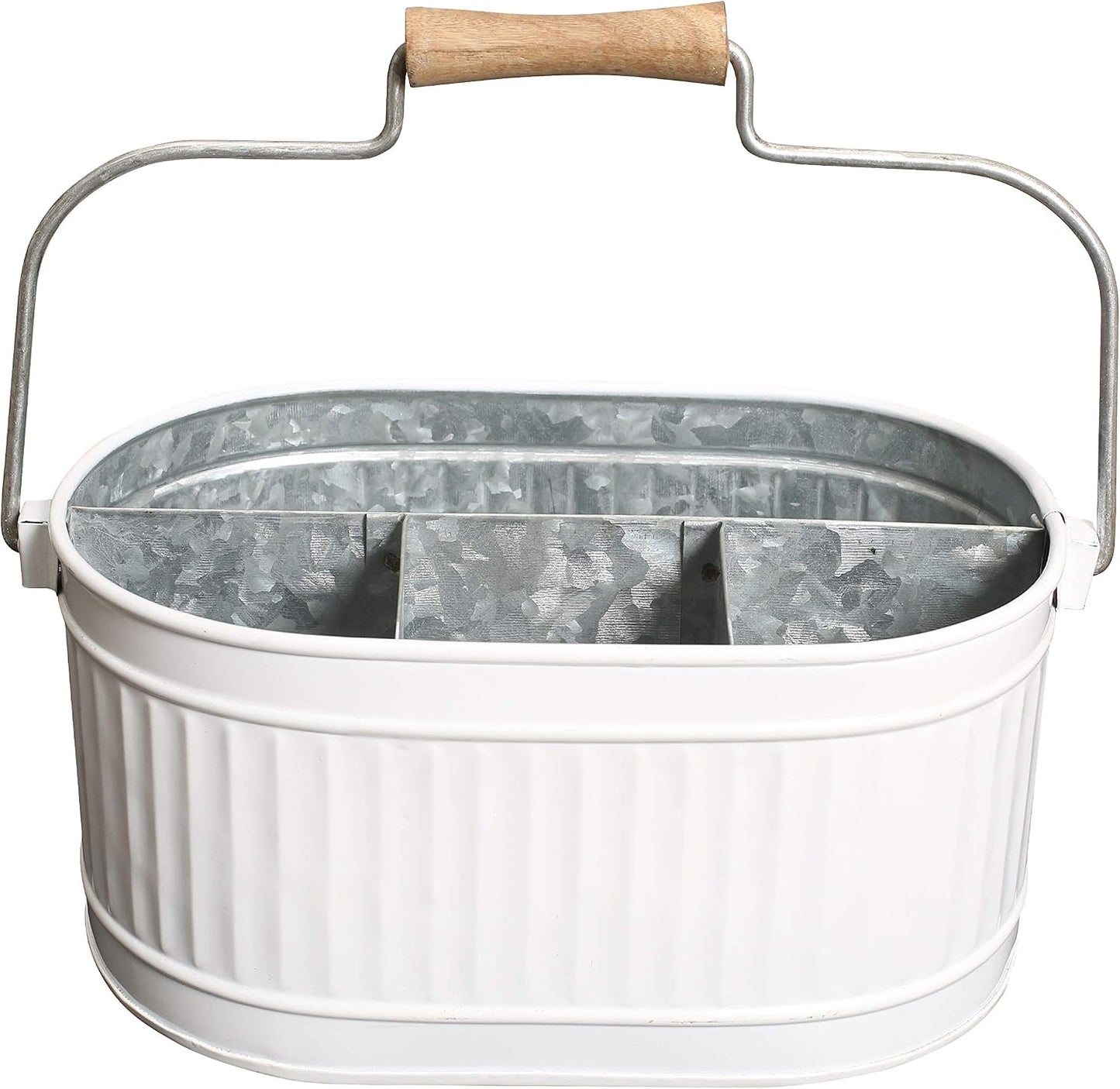 Alpha Living Home Galvanized Metal Utensil Caddy - Rustic Farmhouse Organizer Metal Garden Caddy with 4 Compartments and Wooden Handle for Kitchen, Buffet & Outdoor Events (Silver)