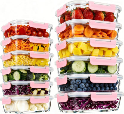Konokyo Square Glass Food Storage Containers with Lids, 12 Pack Airtight Leakproof Meal Prep Containers, BPA-Free, Microwave Oven Freezer & Dishwasher Safe, Assorted Sizes