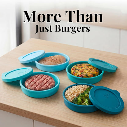 Silicone Burger Patty Mold Set with Lid, Nonstick Burger Press for 1/4 lb Patties, Food-Grade Patty Maker for Beef, Chicken & Veggie Burgers, Food Freezer Container, 4 Pack