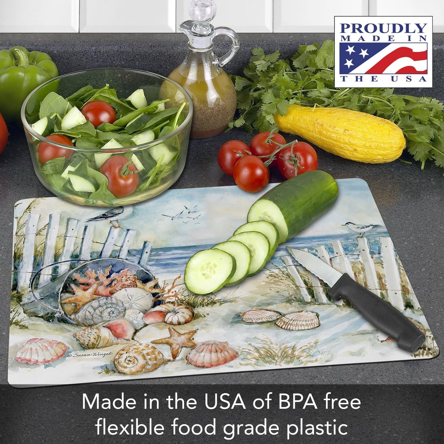 Cut N' Funnel Eat Fresh Designer Flexible Cutting Board Mat 15" x 11.5" Made in the USA Decorative Flexible Easy to Clean