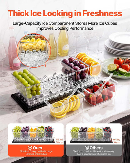 VEVOR Chilled Condiment Server Caddy, 5 Compartment Ice Cooled Serving Container, Plastic Fruit Garnish Tray Platter with Lid, for Taco Salad Bar Accessories, Party Home Restaurant Supplies