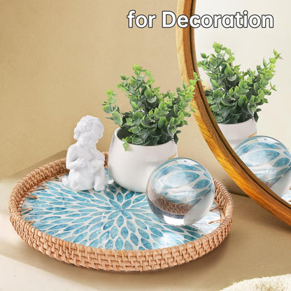 Round Rattan Tray with Mother of Pearl Inlay, Rattan Serving Tray for Coffee, Bread, Fruits, Decorative Wicker Tray for Table Decor, Home Decor, Kitchen Island Decor(Black Checkerboard, 11.8")