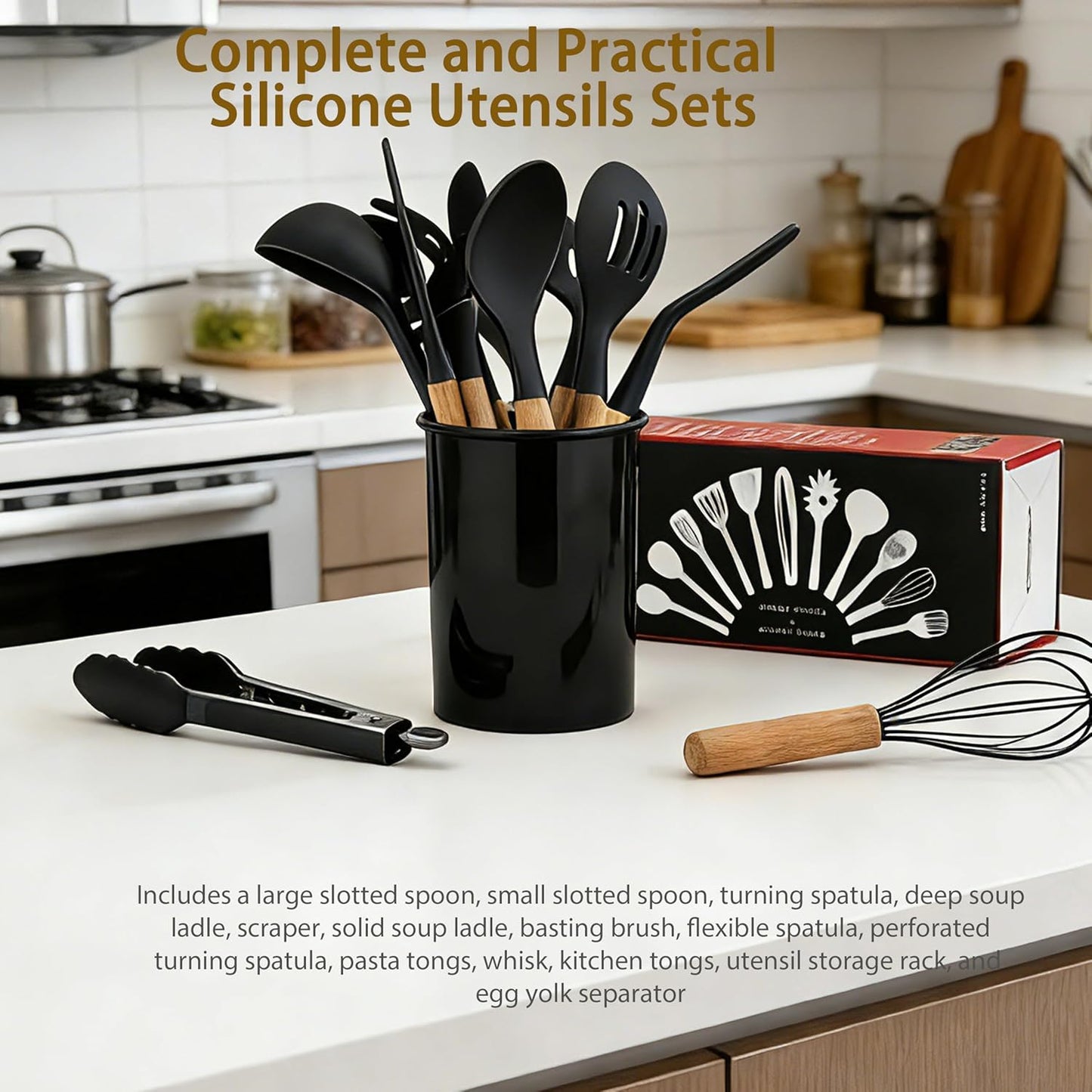 Silicone Cooking Utensils Set - 446°F Heat Resistant Silicone Kitchen Utensils Set, Spatula,Turner Tongs, Spoon, Whisk,Kitchen Gadgets for Nonstick Cookware, BPA Free（Black）