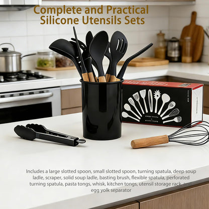 Silicone Cooking Utensils Set - 446°F Heat Resistant Silicone Kitchen Utensils Set, Spatula,Turner Tongs, Spoon, Whisk,Kitchen Gadgets for Nonstick Cookware, BPA Free（Black）