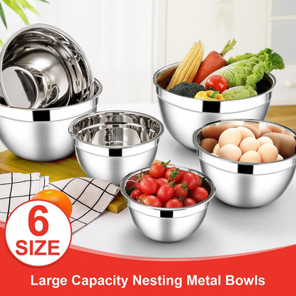 E-far Mixing Bowls With Lids Sets of 5, 10-Piece Stainless Steel Salad Metal Nesting Bowl for Baking Cooking and Prepping, Airtight Lid & Stackable Design, Size 4.6, 3, 2.1, 1.5, 0.7 QT, Black