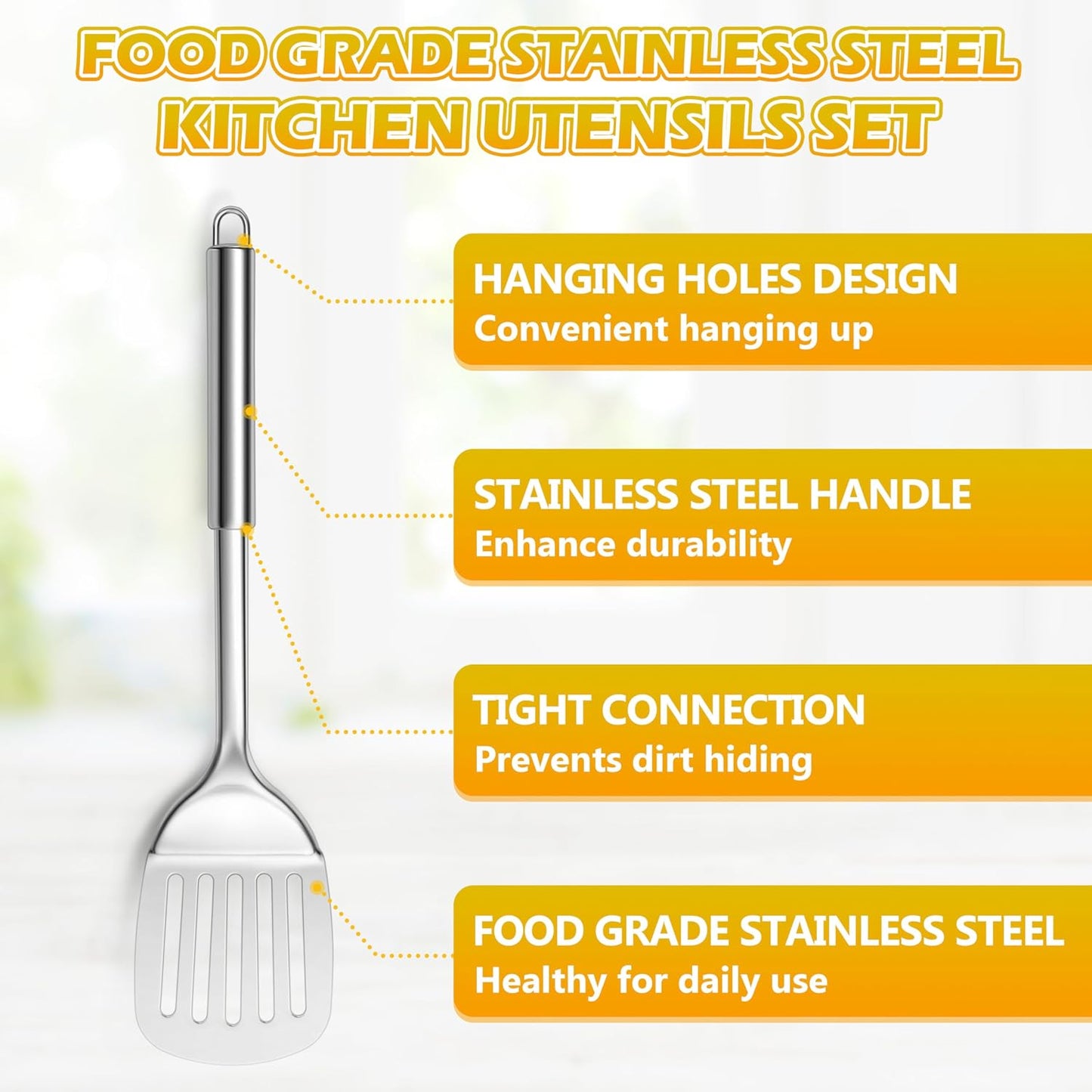 E-far Cooking Utensils Set, 10-Piece Stainless Steel Kitchen Utensils with Holder, Metal Heat Resistant Kitchen Cookware Tool Spatula Set for Cooking, Easy Clean & Dishwasher Safe