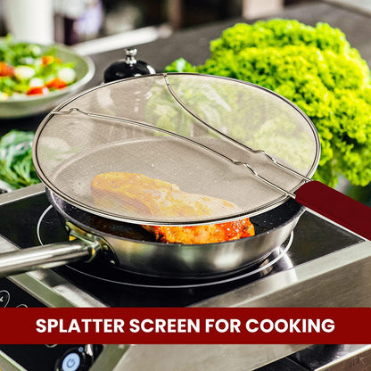 13" Grease Splatter Screen for Cooking | Stainless Steel Oil Splatter Guard and Ultra-Fine Mesh Protects Skin from Burns | TPR Tight-Grip Handle (Black)