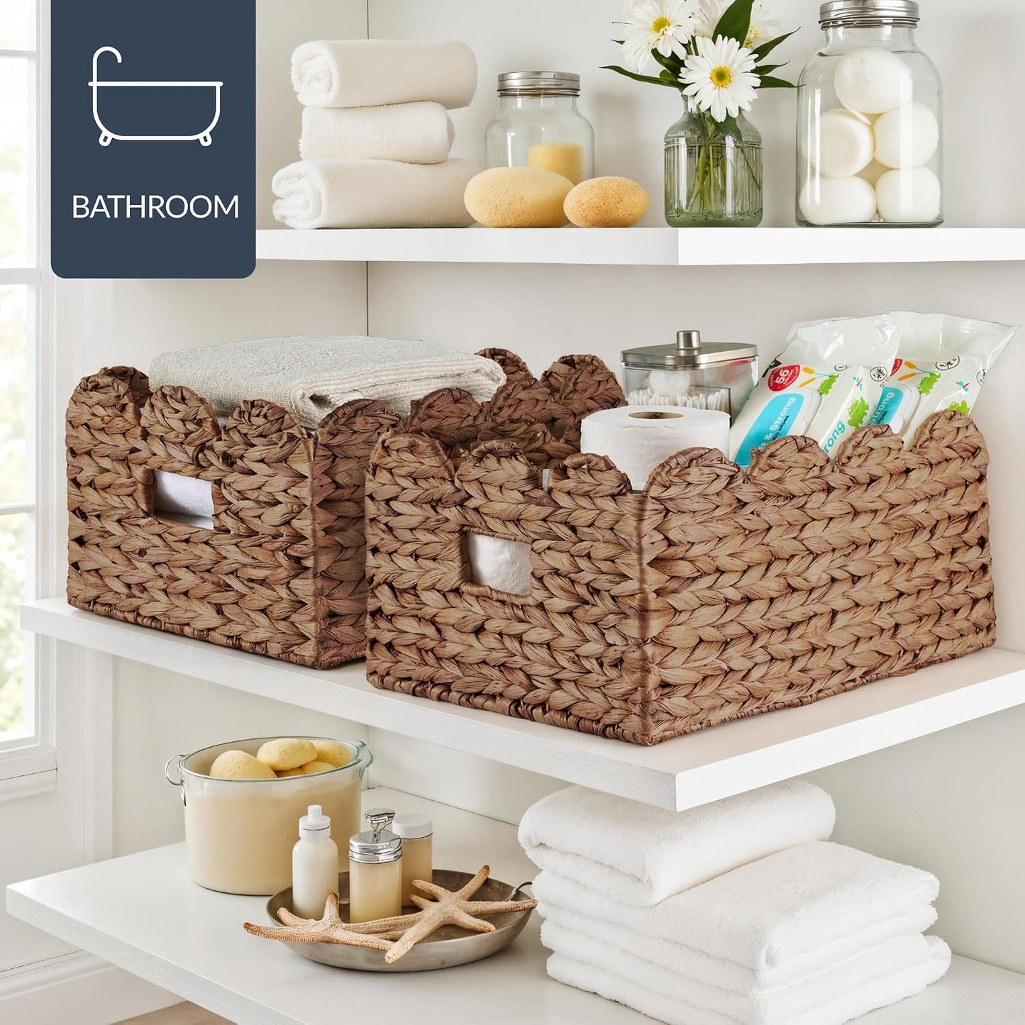 Best Choice Products 9x12 Scalloped Shelf Baskets, Woven Storage Bins, Storage Organizers for Pantry, Living Room, Bedroom, Nursery & Laundry, 4 Pack - Natural with White Trim