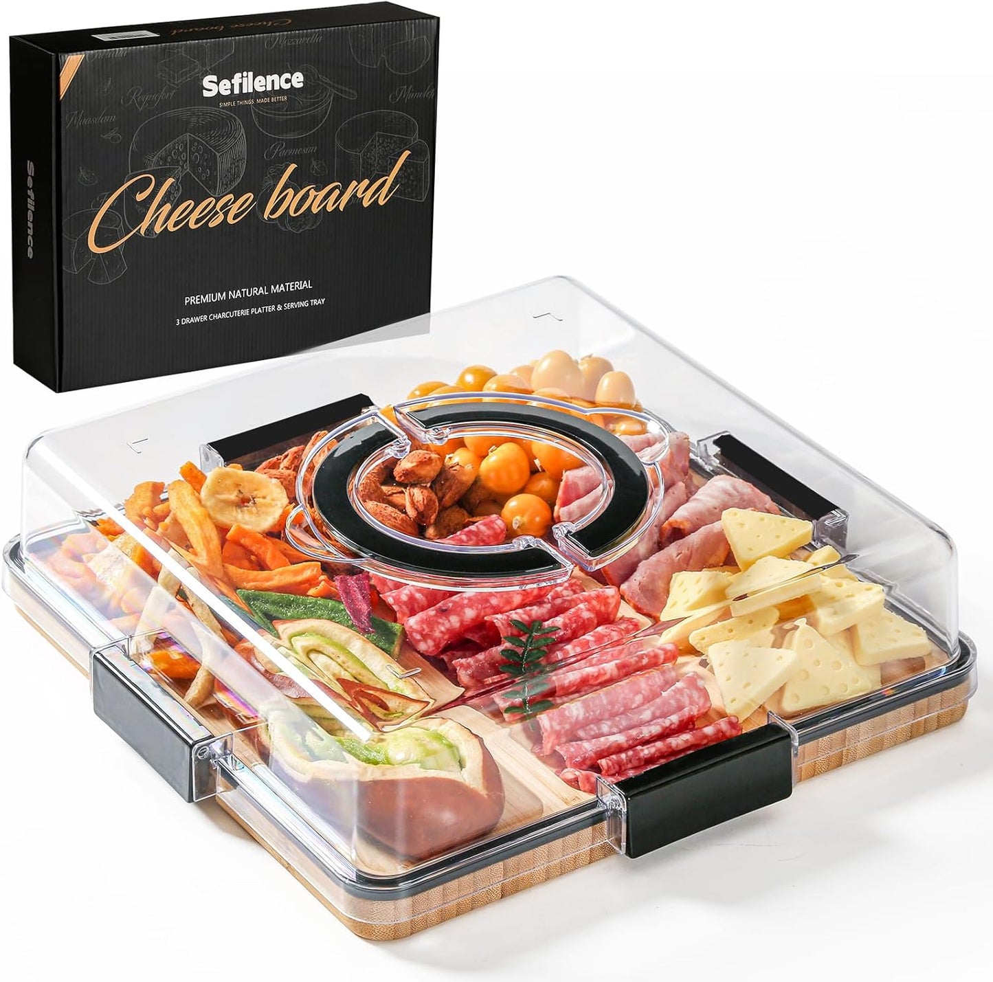 Charcuterie Board with Clear Locking Lid and Handle, 6 Compartment Bamboo Cheese Board Snackle Box, Portable Cutting Board for Snacks, Fruits&Meats, Ideal Gift for Parties, Birthday& House Warming