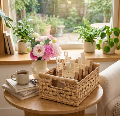 NAYA 11.6" Water Hyacinth Medium Wicker Shelf Basket – Storage Bin | Handwoven water hyacinth shelf basket with sturdy handles for pantry, towels and everyday home organization.