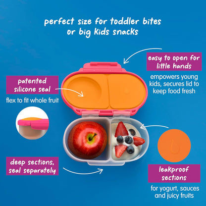 b.box Snack Box 2-Pack - Leak Proof Mini Bento Box for Kids & Toddlers, 2 Compartment Snack Containers for Kids, Dishwasher Safe, BPA-Free, PFAS-Free, Ages 4mo+, 1 3/4 Cup Each (Strawberry + Lilac)