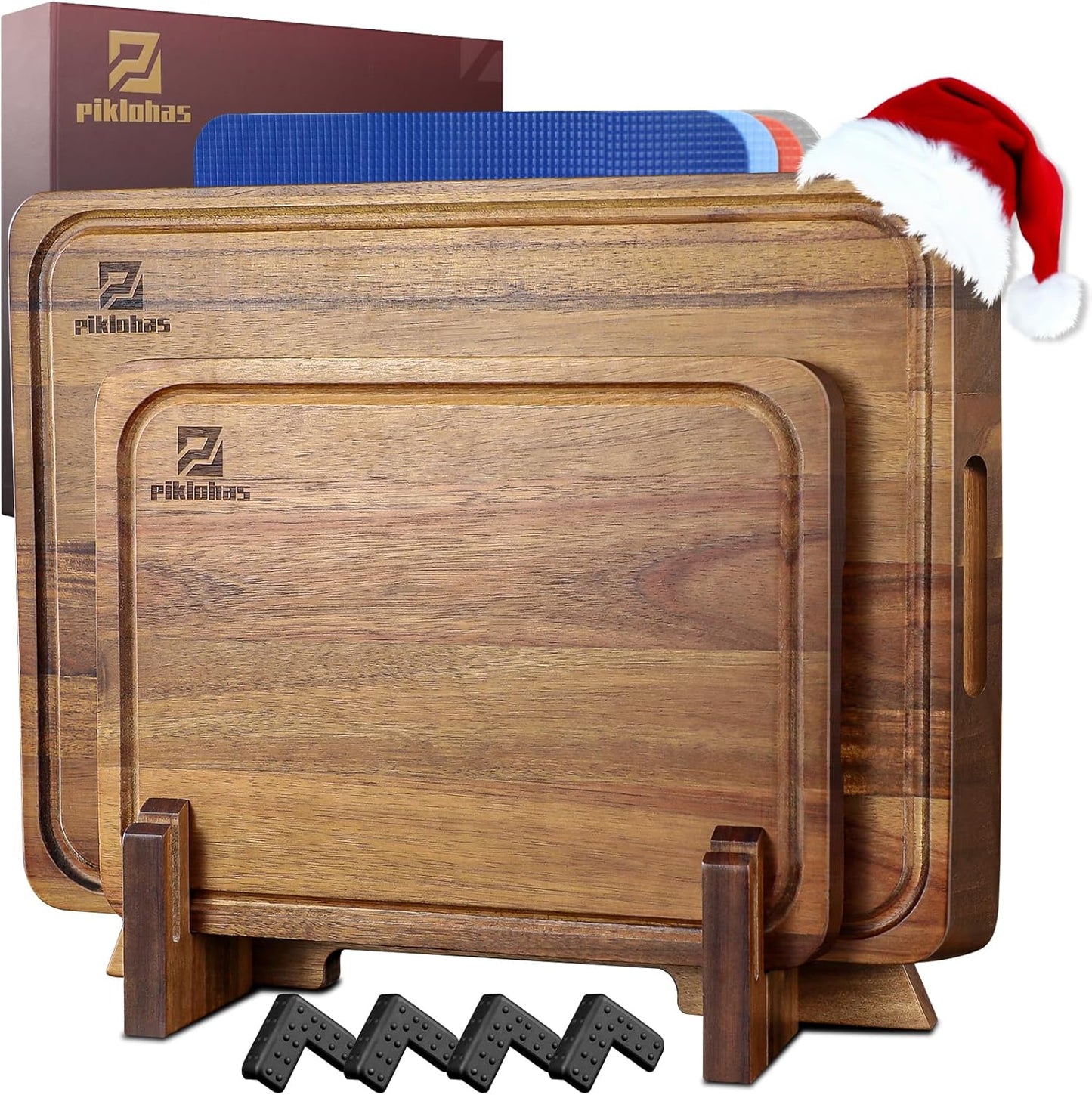 Cutting Boards Large Set of 7, Acacia Wood Charcuterie Chopping Board for Kitchen with Holder Non Slip Feet, Plastic Serving Board Mats, Juice Groove, Reversible Butcher Block for Meat Cheese Bread