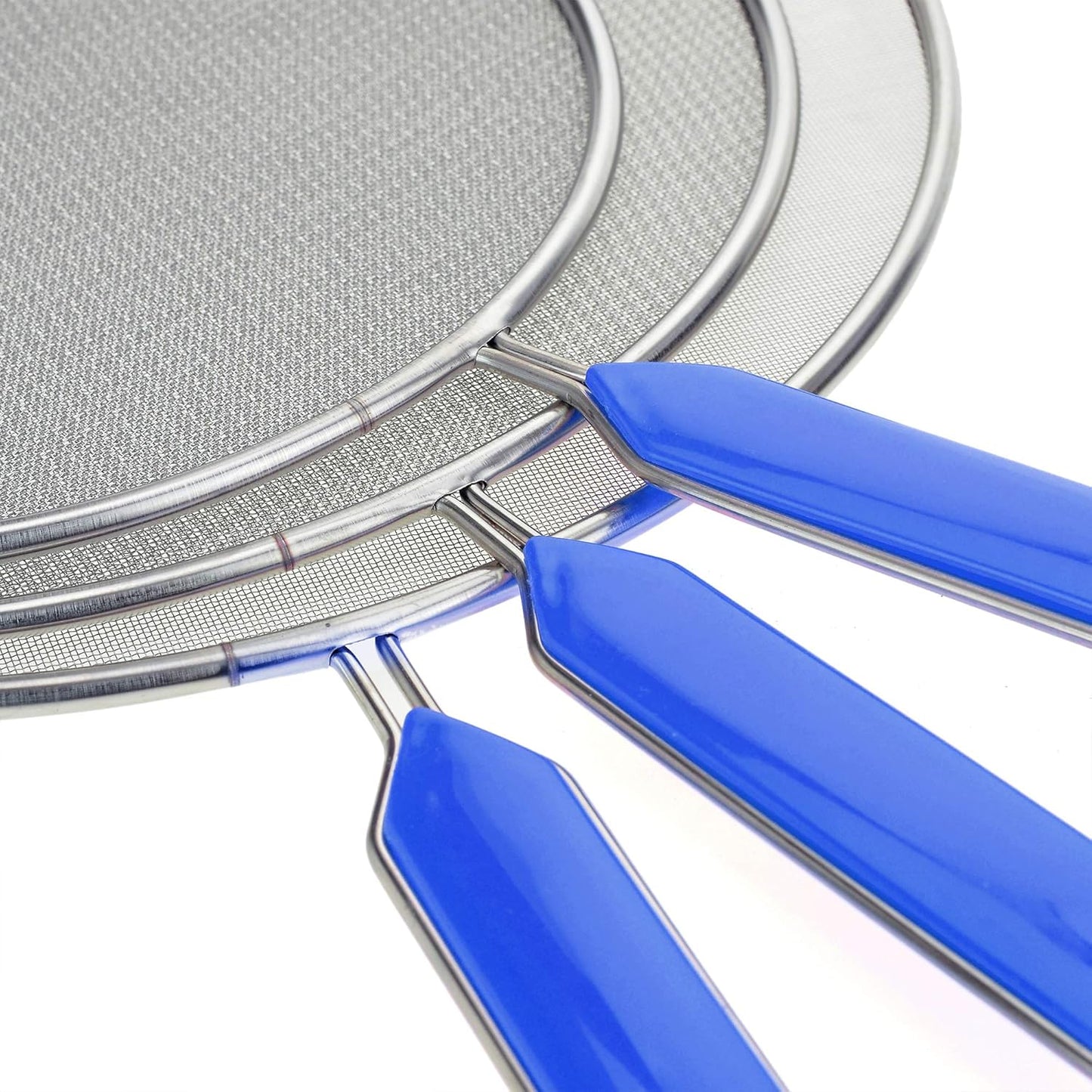 Grease Splatter Screens Guards Shields Frying Pan Pot Cooking Oil Cover Skillet Lid - Stainless Steel Mesh Blue Handle Set of 3: 8", 9.5", 11"