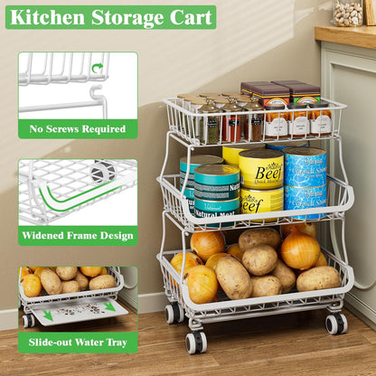 3 Tire Rolling Pantry Organizers and Storage Cart on Wheels | Metal Frame, Under Pantry Cabinet, Drip Tray, Storage for Snack, Potato, Onion, Produce, Can, Drink, Fruit and Vegetable