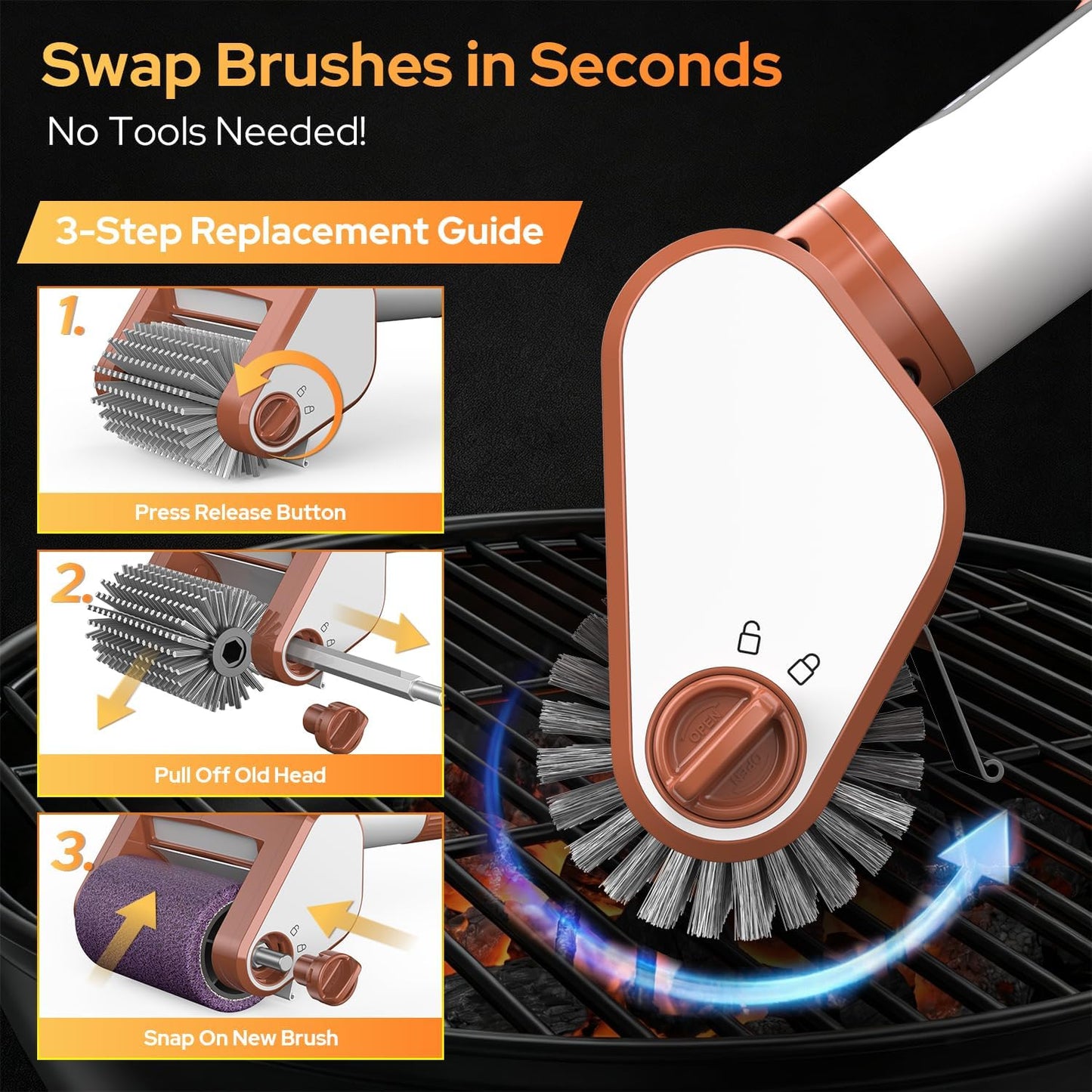 Electric Grill Brush for Outdoor, 2026 BBQ Grill Cleaner with Digital Display, Variable Speed Cordless Grill Brush, Waterproof & Replaceable Heads Grill Cleaning Brush for Barbecue Grates