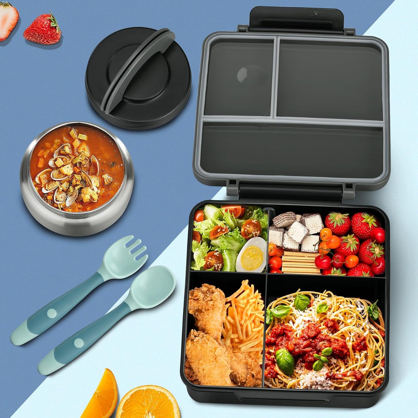Itslife Bento Lunch Box for Kids with 8oz Soup Thermo&Lunch Bag, Leak-Proof Lunch Food Containers with 4 Compartment, Hot Food Insulated Food Jar for Kids School (Green)
