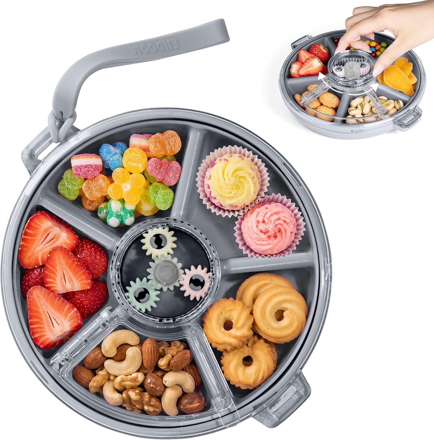 Kids Divided Snack Box with Hand Strap, Reusable 5-Compartment Kids Snack Container, BPA-Free Portable Candy & Nut Serving Platter for Travel, Parties, Picnics(Grey)