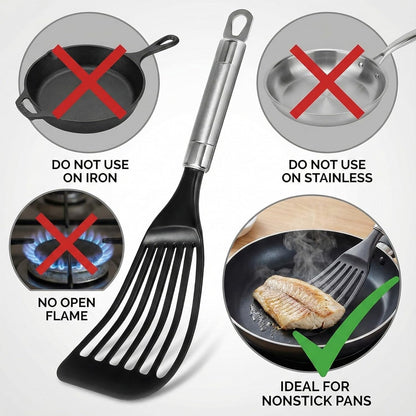 KSENDALO Thin Flexible Fish Spatula for Nonstick Cookware, Black | Egg Flipper Turner w/Hollow Steel Handle, Slotted Angled LFGB Complaint Nylon Blade, Dishwasher Safe, Silver Handle