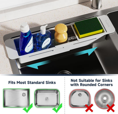 NiHome Extendable Over Sink Kitchen Organizer, Small Telescopic Brush Storage Rack for Sponge, Non-Slip Pads Expandable Sink Caddy, Adjustable Sponge/Brush Rack with Drainage Durable ABS (Dark Gray)