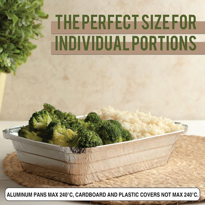 PARTY BARGAINS 4 lb Aluminum Pans with Board Lids, 50 Pack – 12 x 8 in Disposable Foil Roasting & Steam Table Pans for Catering, Takeout, Meal Prep, Oven Safe up to 240°C