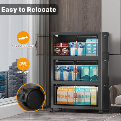 UAMFURI 720QT Stackable Storage Bins with Lids, Extra Large Storage Cabinet with Doors and Wheels, Collapsible Plastic Storage Box for Bedroom Dorm Office Garage