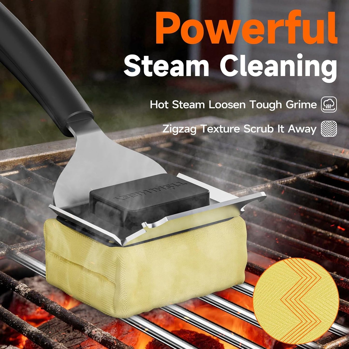 Bristle Free Grill Brush with Scraper for Outdoor Grill Cleaning, Safe Steam BBQ Grill Cleaner, Replaceable Head, Grilling Accessories for Cast Iron, Stainless Steel, Porcelain, Ceramic Grates - Black