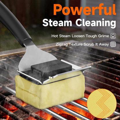 Bristle Free Grill Brush with Scraper for Outdoor Grill Cleaning, Safe Steam BBQ Grill Cleaner, Replaceable Head, Grilling Accessories for Cast Iron, Stainless Steel, Porcelain, Ceramic Grates - Black