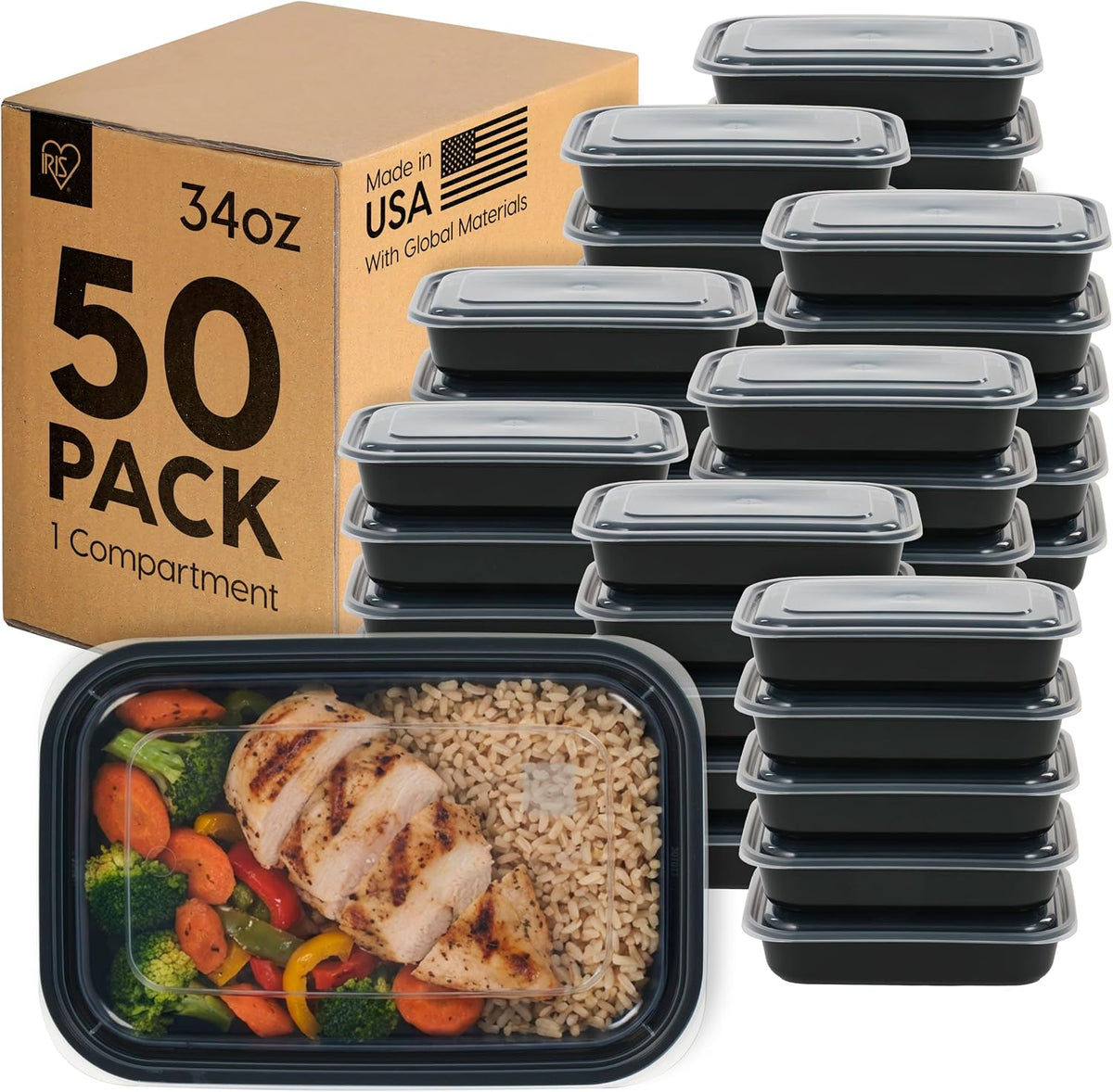 IRIS USA Meal Prep Containers, 36oz - 50 Pack (100-Piece) 3-Compartment Reusable Food Storage Containers with Lids, Plastic Kitchen Food Prep To Go Lunch Box, Microwave Freezer Dishwasher Safe, Black