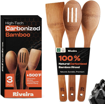Riveira Dark Bamboo Wooden Spoons for Cooking 6-Piece, Apartment Essentials Wood Spatula Spoon Nonstick Kitchen Utensil Set Premium Quality Housewarming Gifts for Everyday Use