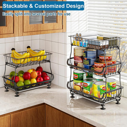 OKZEST 3-Tier Rolling Pantry Floor Organizer and Storage Cart with Wheels, Stackable Wire Pantry Baskets for Pantry Shelves, Kitchen Storage Rack and Fruit Basket Stand for Fruit Snack Onion Potato