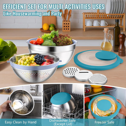 P&P CHEF 4-In-1 Stainless Steel Colander with Bowl Set, Rotatable Strainers for Kitchen, Fruit Cleaner, Washing Fruit & Draining Pasta, Mixing Bowl and Lid with Grater for Salad, Black