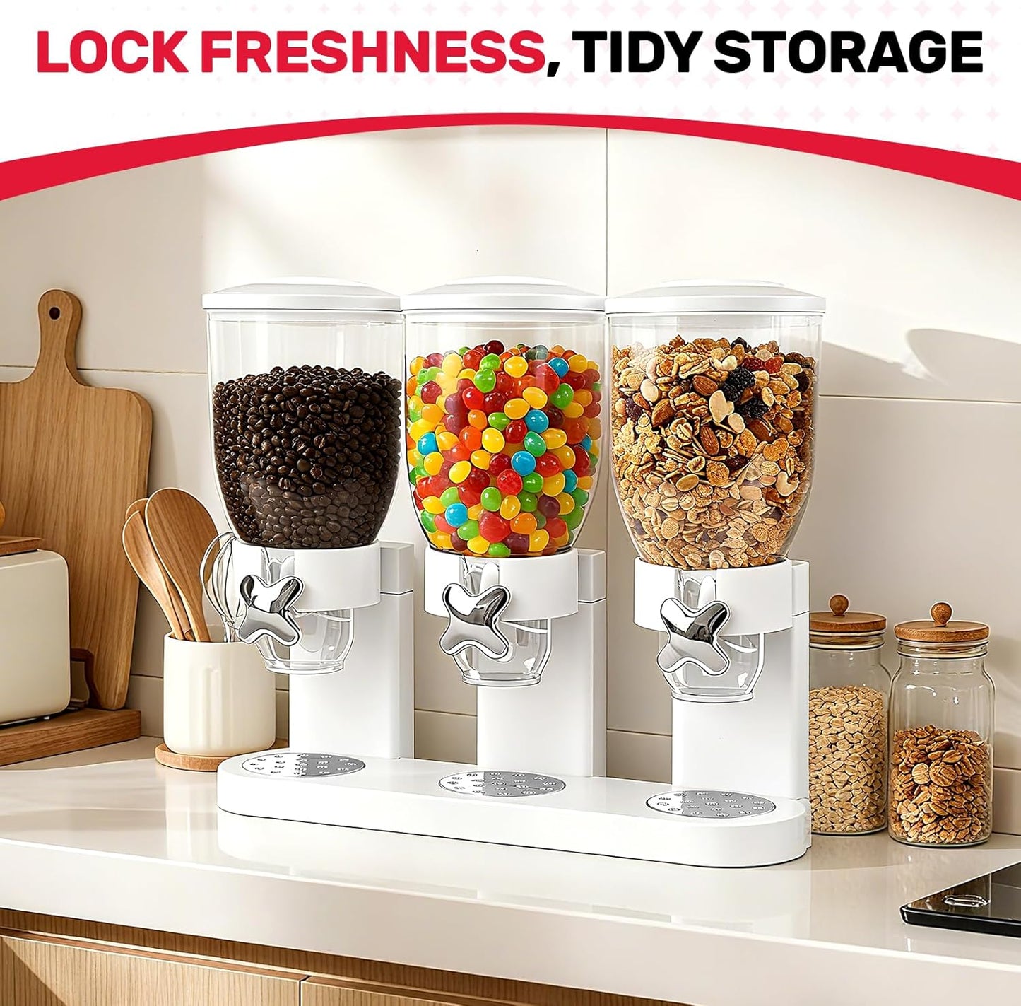 Triple Cereal Dispenser Countertop 2L, Airtight Cereal Containers Storage, Large Capacity Total 6L for Kitchen Pantry, Rotating Dry Food Dispenser for Candy, Nut, Coffee Beans, White