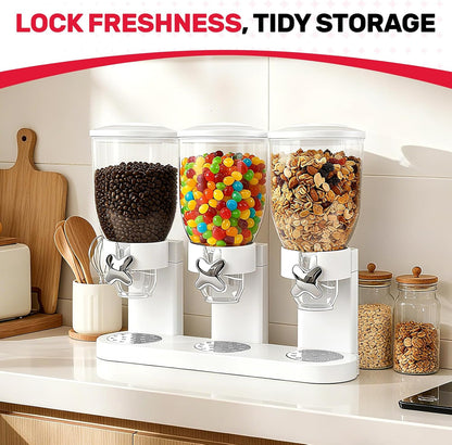 Triple Cereal Dispenser Countertop 2L, Airtight Cereal Containers Storage, Large Capacity Total 6L for Kitchen Pantry, Rotating Dry Food Dispenser for Candy, Nut, Coffee Beans, White