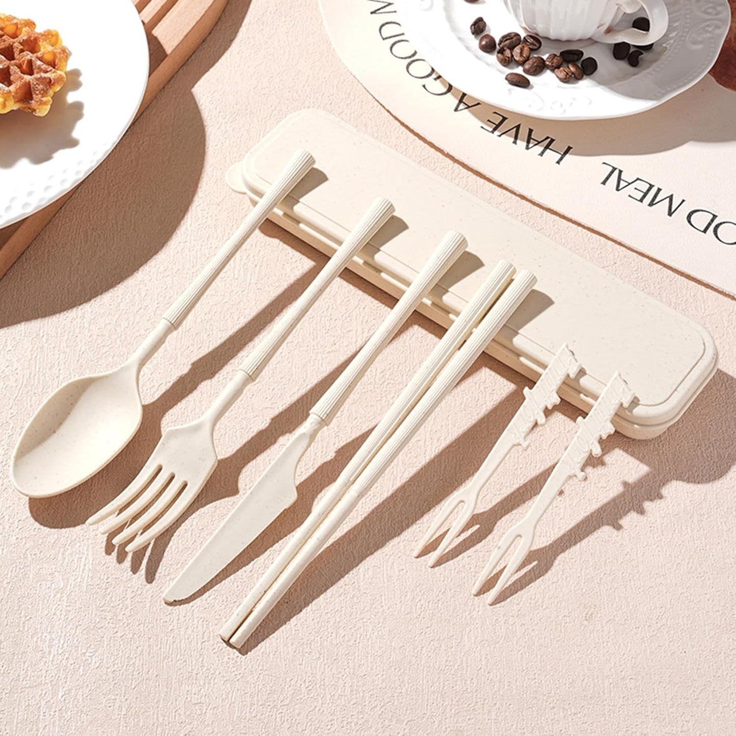 Reusable Travel Utensils Set with Case, Wheat Straw Portable Plastic Fork Spoon Knife Chopsticks Camping Cutlery, Eco-Friendly BPA Free Tableware Picnic Flatware for Kids Adults or Daily Use (Pink)