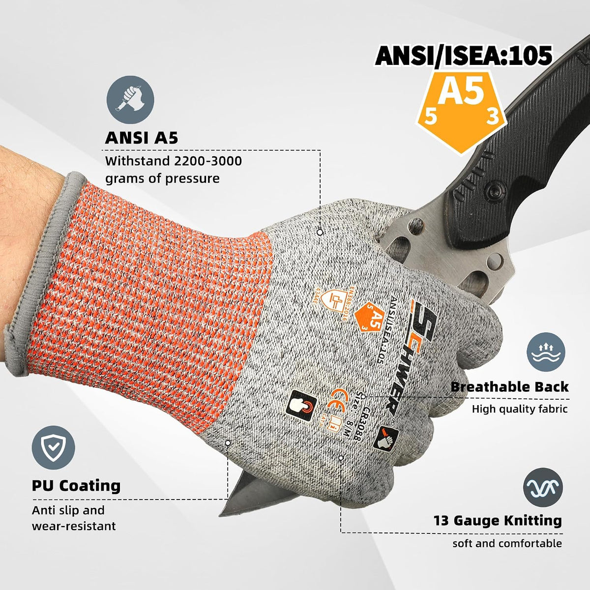 Schwer 12 Pairs A4/A5/A6 Cut Resistant Gloves, Non PFAS CR3088, L