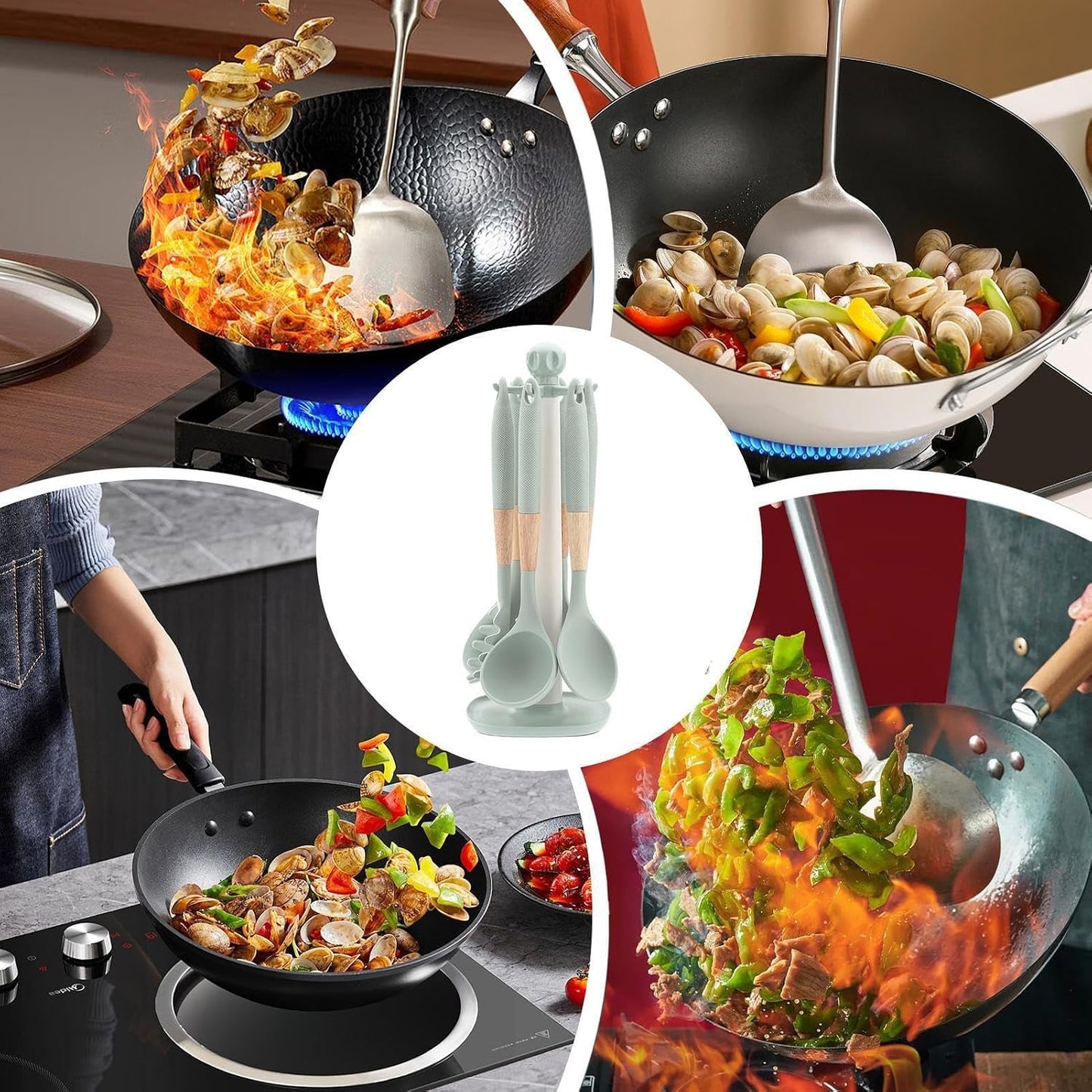 Cooking Utensils Set, With Holder, 1set, Silicone Kitchen Utensils Set, Silicone Spatulas, Food Grade Non Stick Coating Design, For Home Restaurant Camping