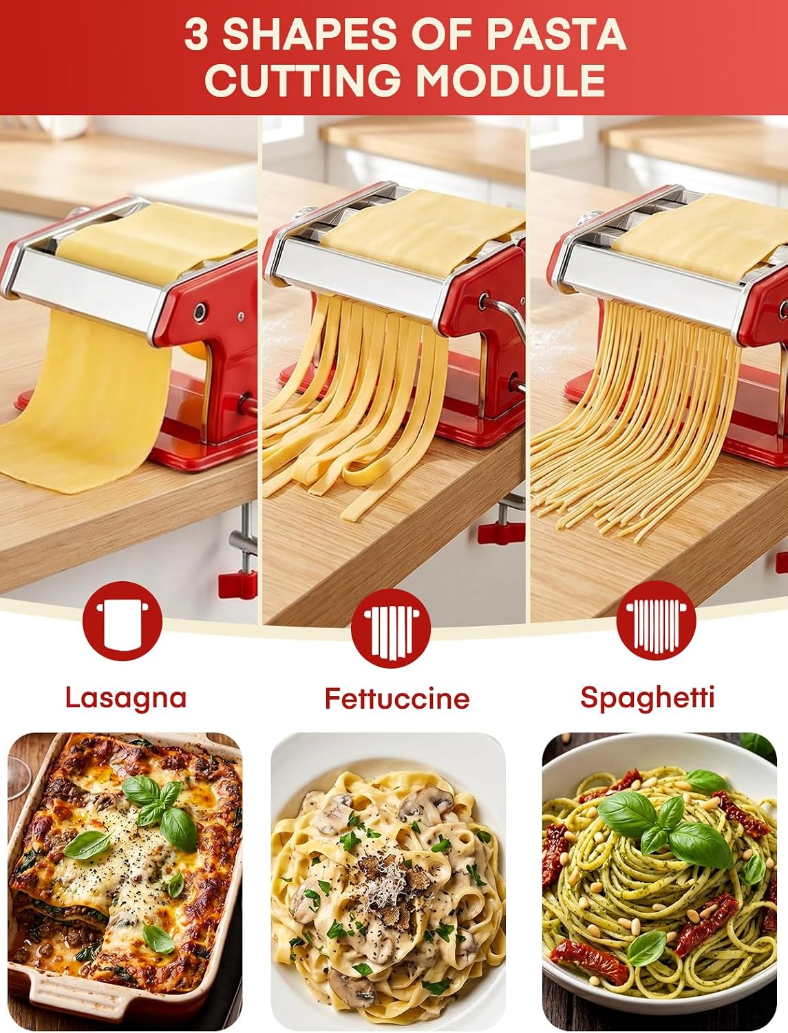 FOHERE Manual Pasta Maker, 7 Adjustable Thickness, 3-in-1