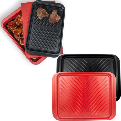 ECOIOU Grilling Prep and Serving Tray with Lid Set and Large Grilling Prep Trays, Black and Red