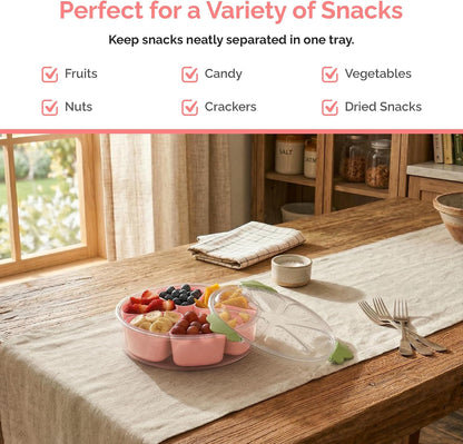 Divided Serving Tray with Lid,Stackable Snackle Box Strawberry Container for Fruits Candy Organizer, Portable Rounded Veggie Tray for Kitchen, Party, Trave and Picnic (Pink)