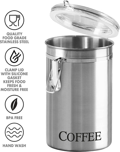 Oggi Stainless Steel Sugar Canister 62 fl oz - Airtight Clamp Lid, Clear See-Thru Top - Ideal Sugar Container for Countertop, Sugar Jar, Bulk Sugar Storage. Large Size 5" x 7.5".