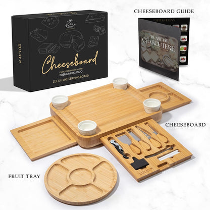 Zulay Kitchen Premium Bamboo Charcuterie Board - Extra Thick Bamboo Board with 4 Piece Knife Set - Perfect for Charcuterie, Wine and Cheese
