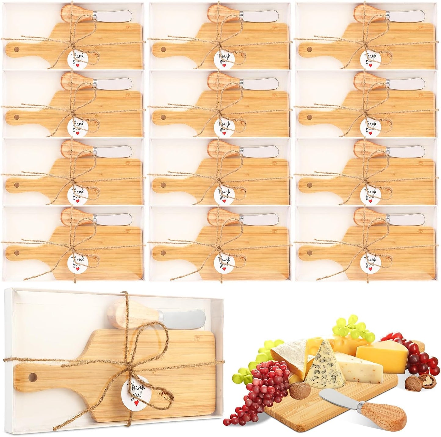 Tioncy 12 Sets Bridal Baby Shower Cheese Prizes Christmas Kitchen Gifts Mini Charcuterie Board Set with Knife Wooden Board Thank You Box for Christmas Wedding Party Guests Game Gifts(Bamboo)